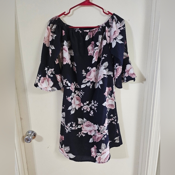 Elegant Off Shoulder Navy Dress with Belt Adorned with Floral Accents - Picture 1 of 9